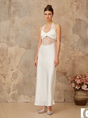 Miss Rosier Blanche White Lace-Panel Satin Maxi Dress